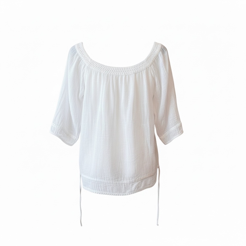 Poupette St. Barth White Gauze Crochet-Trim Peasant Blouse W/ Gathered waist
